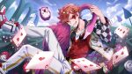  1boy ace_trappola bird card facial_mark flamingo game_cg grin hedgehog highres jacket looking_at_viewer official_art open_clothes open_jacket orange_hair outdoors pants playing_card red_vest shoes short_hair smile solo teeth twisted_wonderland vest white_jacket white_pants 
