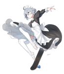  1girl apron black_dress dasdokter dress english_commentary frilled_dress frills full_body grey_hair highres jumping long_sleeves maid maid_apron maid_headdress no_shoes original outstretched_arms short_hair simple_background skateboard solo thighhighs white_apron white_background white_thighhighs 