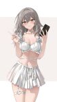  1girl blush bra breasts cellphone choker cleavage closed_mouth commentary cowboy_shot feint721 grey_hair heart_o-ring highres holding holding_phone honkai:_star_rail honkai_(series) linea_alba long_hair looking_at_viewer medium_breasts navel phone pleated_skirt skirt smartphone solo stelle_(honkai:_star_rail) thigh_strap trailblazer_(honkai:_star_rail) underwear v white_bra white_choker white_skirt yellow_eyes 
