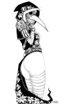  1girl absurdres ass bandaged_leg bandages copyright_request covered_nipples flower greyscale hand_up highres hood hood_up ltstry monochrome plague_doctor_mask shadow signature simple_background solo white_background 