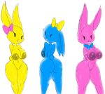  anthro big_breasts big_butt blue_body blue_fur breasts butt female fluffy fluffy_tail fur genitals group hi_res lagomorph leporid mammal nipples nsfwtheodore nude pink_body pink_fur pussy rabbit simple_background smile tail teeth thick_thighs trio white_background yellow_body yellow_fur 