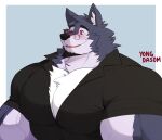  2023 anthro artist_name big_biceps big_deltoids big_muscles big_pecs black_clothing black_shirt black_topwear blue_background blue_body blue_fur blush canid canine canis chest_tuft clothing eyewear facial_hair fur glasses goatee hair hi_res inner_ear_fluff male mammal maro_(yongdasom) muscular muscular_anthro muscular_male open_mouth pecs red_eyes round_glasses shirt simple_background smile solo topwear tuft vein veiny_muscles white_hair wolf yongdasom 