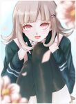  1girl :d absurdres aki_(sororo18) backpack bag black_jacket black_thighhighs blurry blurry_background blurry_foreground brown_hair danganronpa_(series) danganronpa_2:_goodbye_despair feet_out_of_frame flipped_hair flower galaga hair_ornament hands_up highres jacket long_sleeves medium_hair nanami_chiaki neck_ribbon pink_eyes pink_ribbon ribbon smile solo teeth thighhighs tongue 