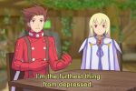  1boy 1girl artist_name blonde_hair brown_eyes brown_hair colette_brunel english_text frayed-symphony gloves highres lloyd_irving parks_and_recreation parody red_gloves sitting suspenders table tales_of_(series) tales_of_symphonia 