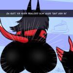  2023 anthro big_butt black_hair blitzo_(helluva_boss) butt clothed clothing cuckold demon demon_humanoid detailed_background duo female hair helluva_boss hi_res horn humanoid imp kojot male male/female millie_(helluva_boss) red_body snapchat thick_thighs 