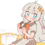  1girl :t ahoge blue_eyes blush braid brown_skirt closed_mouth collared_shirt copyright_request doughnut eating food grey_hair grey_shirt hands_up holding holding_food kuroshiro_gurei long_hair looking_at_viewer neck_ribbon orange_ribbon pastry_box puffy_short_sleeves puffy_sleeves ribbon shirt short_sleeves single_braid skirt solo striped striped_skirt vertical-striped_skirt vertical_stripes very_long_hair white_background 