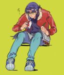  1boy alcohol_carton black_hair black_shirt blue_footwear blue_pants bomber_jacket brown_jacket commentary_request full_body holding holding_carton holding_pencil inudori invisible_chair itou_kaiji jacket kaiji long_hair long_sleeves looking_down male_focus medium_bangs newspaper open_clothes open_jacket pants parted_bangs pencil reading scar scar_on_cheek scar_on_face scar_on_hand shirt shoes simple_background sitting sneakers solo sunglasses tinted_eyewear yellow-tinted_eyewear 