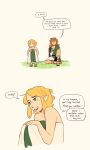  1boy 1girl absurdres archaic_set_(zelda) blonde_hair dress english_text green_eyes highres link on_ground orphetoon pointy_ears princess_zelda simple_background speech_bubble the_legend_of_zelda the_legend_of_zelda:_tears_of_the_kingdom 