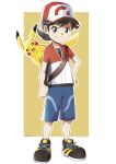  1boy absurdres backpack bag black_hair brown_background chase_(pokemon) closed_mouth commentary grey_eyes hand_on_own_hip hat highres jacket male_focus mr.thunderigor outline pikachu pokemon pokemon_(game) pokemon_lgpe pokemon_on_back red_headwear shirt shoes short_sleeves shorts smile split_mouth standing 