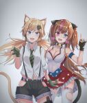  2girls :d \n/ american_flag_dress animal_ear_fluff animal_ears bell between_fingers black_collar blonde_hair blue_eyes blush bow_legwear breasts brown_hair cat_ears cat_tail chinese_commentary cleavage collar collarbone commentary_request covered_navel cowboy_shot diagonal-striped_necktie earrings fang girls&#039;_frontline gloves green_gloves green_necktie grey_background hair_between_eyes hair_ornament hand_up headset heart heart_earrings heterochromia highres holding idw_(girls&#039;_frontline) jewelry large_breasts long_hair looking_at_viewer masoutsugumi midriff mk23_(girls&#039;_frontline) multicolored_hair multiple_girls navel neck_bell necktie open_mouth pink_eyes pink_hair shirt shorts simple_background skindentation smile star_(symbol) streaked_hair suspender_shorts suspenders tail thigh_strap thighhighs token_(girls&#039;_frontline) twintails union_jack union_jack_panties very_long_hair white_shirt white_thighhighs 