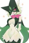  anthro breasts fangs felid feline female fur generation_9_pokemon green_body green_fur hands_behind_back hi_res looking_at_viewer mammal medium_breasts meowscarada navel nintendo one_eye_closed open_mouth pink_eyes pokemon pokemon_(species) pupils simple_background slit_pupils solo standing sywu teeth white_background wink 