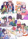  5boys 5girls :d abe_(kumayu) barry_(pokemon) beanie bird blonde_hair blush bow_hairband brendan_(pokemon) brown_hair cardigan chimchar closed_mouth collared_shirt dawn_(pokemon) dress elio_(pokemon) embarrassed eyelashes florian_(pokemon) fuecoco gloria_(pokemon) green_bag green_headwear green_scarf grey_cardigan grey_eyes grookey hair_ornament hairband hairclip hat highres holding holding_phone hop_(pokemon) jacket kneehighs knees lillie_(pokemon) may_(pokemon) mudkip multiple_boys multiple_girls necktie nemona_(pokemon) on_head on_lap open_mouth orange_shorts pants phone pink_skirt piplup pokemon pokemon_(creature) pokemon_(game) pokemon_dppt pokemon_on_head pokemon_on_lap pokemon_oras pokemon_sm pokemon_sv pokemon_swsh poketch ponytail popplio red_hairband red_shirt rotom rotom_phone scarf scorbunny shirt short_sleeves shorts sitting skirt sleeveless sleeveless_dress sleeveless_shirt smile socks spearow sprigatito striped striped_jacket striped_shirt sun_hat t-shirt tam_o&#039;_shanter treecko watch white_dress white_headwear wristwatch 