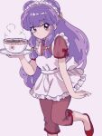 1girl bow chinese_clothes food hair_bow highres noodles purple_hair ramen ranma_1/2 red_bow red_eyes red_footwear s5fz9 shampoo_(ranma_1/2) simple_background solo waitress white_background yellow_bow 