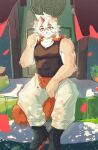  2023 absurd_res anthro arknights boots bottomwear canid canine canis clothing domestic_dog door footwear fur hair hi_res horn hung_(arknights) hypergryph long_hair looking_at_viewer male mammal multicolored_body multicolored_fur multicolored_hair muscular muscular_anthro muscular_male orange_hair orange_tail pants sitting solo studio_montagne tail tan_body tan_fur topwear two_tone_body two_tone_fur two_tone_hair v_aoii white_body white_fur white_hair 