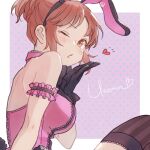  1girl abe_nana animal_ears arm_strap blowing_kiss breasts brown_eyes brown_hair chanosuke detached_collar fake_animal_ears fake_tail hairband heart idolmaster idolmaster_cinderella_girls large_breasts leotard one_eye_closed pink_leotard playboy_bunny rabbit_ears rabbit_tail short_ponytail signature solo strapless strapless_leotard striped striped_thighhighs tail thighhighs vertical-striped_thighhighs vertical_stripes 