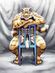  2023 abs anthro balls biceps blep bodily_fluids chair dripping felid foreskin fruitz furniture genital_fluids genitals hi_res looking_at_viewer male mammal manly mature_male muscular muscular_legs navel on_chair pantherine penis precum precum_drip pubes sitting smile solo spread_legs spreading striped_body stripes tiger tongue tongue_out triceps vein veiny_penis 