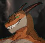  aldermoth dragon green_eyes headshot_portrait hi_res horn implied_nudity looking_at_viewer male muscular orange_body outline petzoqui portrait simple_background solo teeth 