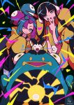  2girls artist_name bellibolt black_background black_hair blue_eyes blue_hair elesa_(pokemon) emolga fang hair_ornament head_tilt headphones highres ida_(idalol490) iono_(pokemon) jacket magnemite multicolored_eyes multicolored_hair multiple_girls nail_polish pink_hair pokemon pokemon_(creature) pokemon_(game) pokemon_bw2 pokemon_sv tooth two-tone_hair yellow_jacket 