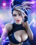  1girl 3d akali areola_slip artist_name black_bra black_gloves black_hair blonde_hair blue_eyes bra breasts cleavage earrings fingerless_gloves gloves hand_up highres jewelry k/da_(league_of_legends) k/da_akali k/da_all_out_akali league_of_legends lights looking_at_viewer medium_breasts multicolored_hair parted_lips ponytail red_lips solo streaked_hair two-tone_hair underwear upper_body zoh 