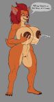  2023 4_fingers anthro areola bandicoot big_breasts biped bodily_fluids breasts brown_areola brown_nipples english_text female fingers full-length_portrait genitals grey_background hair hi_res holding_breast huge_breasts karnator lactating looking_at_own_breasts looking_at_self mammal marsupial milk nipples nude portrait purple_eyes pussy red_hair simple_background smile solo speech_bubble standing text 