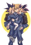  backpack bag black_hair blonde_hair blush carrying clenched_teeth highres jacket jounouchi_katsuya male_focus multicolored_hair mutou_yuugi one_eye_closed open_clothes open_jacket pants purple_eyes red_hair shirt sketch smile spot_dian teeth white_shirt yami_yuugi yu-gi-oh! yu-gi-oh!_duel_monsters 