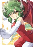  1girl blush breasts brown_eyes china_dress chinese_clothes draco_centauros dragon_girl dragon_horns dragon_tail dragon_wings dress elbow_gloves gloves green_hair grin heebee horns large_breasts looking_at_viewer pantyhose pointy_ears puyopuyo red_dress short_hair smile solo tail teeth white_gloves white_pantyhose wings 