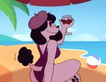  2019 3_claws 3_toes 4_fingers alcohol anthro arm_tuft ball barefoot beach beach_ball beach_umbrella bedroom_eyes beverage big_breasts biped black_claws black_eyebrows black_eyelashes black_hair black_lipstick black_pawpads black_pupils black_tail_tip blue_sky breasts canid canine canis claws closed_smile clothed clothed_anthro clothed_female clothing cloud collaboration colored container countershade_feet countershade_torso countershading cup detailed_background digital_drawing_(artwork) digital_media_(artwork) dog_tail domestic_dog drinking_glass elbow_tuft eyebrows eyelashes eyeshadow feet female female_anthro fingers from_front_position fur furgonomic_swimwear furgonomics glass glass_container glass_cup glistening glistening_clothing glistening_eyes glistening_hair glistening_swimwear hair hair_over_eye half-closed_eyes hat headgear headwear hi_res holding_wine_glass inflatable kabula_(artist) lipstick looking_at_viewer looking_back looking_back_at_viewer lotus_position makeup mammal markings mole_(marking) mole_under_eye mouth_closed narrowed_eyes one-piece_swimsuit one_eye_obstructed palm_tree pawpads paws plant poodle pupils purple_beret purple_body purple_clothing purple_eyeshadow purple_fur purple_hat purple_headwear purple_nose purple_one-piece_swimsuit purple_swimwear purple_tuft raised_arm rear_view red_eyes sand sea seaside seductive sex shadow sitting sky smile solo stratica swimwear tail three-quarter_view toe_claws toes tree tuft under_umbrella water white_body white_countershading wine wine_glass 