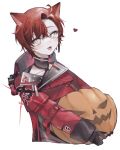  1boy absurdres animal_ears cat_boy cat_ears collarbone fangs food gloves green_eyes hair_between_eyes heart high_collar highres holding holding_food holding_pumpkin holding_vegetable holostars holostars_english jacket looking_at_viewer machina_x_flayon male_focus open_mouth pumpkin red_hair red_jacket ria_(rian_0210) short_hair side_part slit_pupils smile solo vegetable virtual_youtuber white_background 