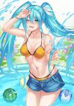  1girl ;d ball bare_arms bare_shoulders beachball bead_bracelet beads bikini bikini_under_clothes blue_eyes blue_hair blush bracelet breasts collarbone commentary_request cowboy_shot day denim denim_shorts flower food fruit groin hair_between_eyes hair_ribbon halterneck hand_up hatsune_miku highres holding holding_hose hose hydrangea inue_ao jewelry long_hair looking_at_viewer lower_teeth_only lowleg lowleg_shorts medium_breasts navel one_eye_closed open_mouth revision ribbon short_shorts shorts sidelocks smile solo sparkle spraying standing string_bikini swimsuit teeth twintails very_long_hair vocaloid wading wading_pool water watermelon white_ribbon yellow_bikini 