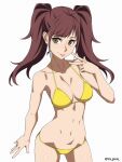  1girl bikini breasts brown_eyes brown_hair cleavage collarbone commentary_request highres kujikawa_rise long_hair looking_at_viewer medium_breasts partial_commentary persona persona_4 ra-pen simple_background solo swimsuit tongue tongue_out twintails twitter_username v white_background yellow_bikini 