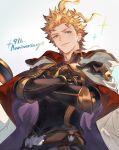  1boy ahoge anniversary armor belt black_armor blonde_hair blue_eyes brown_belt cape closed_mouth crossed_arms gido granblue_fantasy highres male_focus red_cape seofon_(granblue_fantasy) short_hair smile solo two-tone_cape upper_body white_cape 