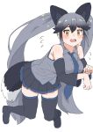  1girl absurdres adapted_costume alternate_hairstyle animal_ears bare_shoulders black_footwear black_hair black_skirt blue_necktie blush boots collared_shirt detached_sleeves embarrassed extra_ears fang flying_sweatdrops fox_ears fox_girl fox_tail grey_hair grey_shirt hair_between_eyes highres kemono_friends kumasyan1998 multicolored_hair necktie open_mouth orange_eyes pleated_skirt shirt sidelocks silver_fox_(kemono_friends) skirt solo tail thigh_boots twintails zettai_ryouiki 