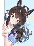  &gt;_&lt; 1girl ahoge animal_ears black_hair blue_background blue_eyes collarbone commentary_request daring_tact_(racehorse) daring_tact_(umamusume) hair_between_eyes hair_ornament highres horse horse_ears horse_girl horse_tail kashmir_0808 open_mouth peeking_out portrait school_uniform solo tail tracen_school_uniform umamusume 