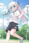  1girl :o absurdres ahoge ball black_shorts blue_bow blue_eyes blue_hair blue_wristband bow commentary_request fence grey_hair gym_shirt gym_shorts gym_uniform hair_bow highres long_hair looking_at_object mahou_tsukai_to_kuroneko_no_wiz mikumiku37 multicolored_hair open_mouth outdoors ponytail relm_rollot shirt shoes short_sleeves shorts sneakers soccer soccer_ball solo sweatband two-tone_hair white_footwear white_shirt wristband 