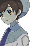  1boy brown_eyes brown_hair collared_shirt florian_(pokemon) hat highres looking_at_viewer male_focus necktie pokemon pokemon_(game) pokemon_sv school_uniform shirt short_hair simple_background solo uva_academy_school_uniform white_background yomogi_dango_(sbj_rocketlink) 