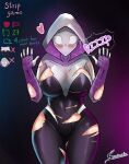  1girl absurdres blush bodysuit breasts commentary covered_collarbone covered_navel english_commentary english_text gradient_background gwen_stacy hands_up heart highres hood hood_up hooded_bodysuit large_breasts looking_at_viewer marvel meme sarizuh simple_background solo spider-gwen spider-man_(series) spider_web_print standing superhero thick_thighs thighs torn_bodysuit torn_clothes twitter_strip_game_(meme) 