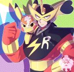  2018 ambiguous_gender capcom cleft_tail clothing cosplay_pikachu_(costume) crossover duo elec_man generation_1_pokemon hi_res human looking_at_viewer male mammal mask mega_man_(series) nintendo pikachu pikachu_libre pokemon pokemon_(species) rockshun signature 