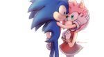  1boy 1girl amy_rose animal_ears animal_nose arm_up artist_name back bare_shoulders blue_fur bracelet closed_mouth commentary_request covered_mouth dress eyelashes flower furry furry_female furry_male gloves gold_bracelet green_eyes hand_on_own_hip hands_up hedgehog hedgehog_ears hedgehog_girl hedgehog_tail hetero highres holding holding_flower jewelry looking_at_another nozomiaisha pink_flower pink_fur red_dress simple_background sleeveless sleeveless_dress smile sonic_(series) sonic_the_hedgehog tail turtleneck turtleneck_dress white_background white_gloves 