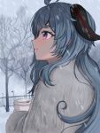  1girl alternate_costume blue_hair cup ganyu_(genshin_impact) genshin_impact goat_horns highres holding holding_cup horns jacket long_hair purple_eyes smile snow solo vickie_(cryingrobot) white_jacket winter 