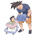  2boys baby baby_walker black_eyes black_hair blue_shirt closed_eyes dragon_ball dragon_ball_z drinking ellischestert12 father_and_son highres holding male_focus multiple_boys muscular muscular_male orange_shorts shirt shorts simple_background slippers son_gohan son_goku spiked_hair standing tail water white_background 
