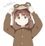  1girl animal_costume asymmetrical_hair bear_costume brown_eyes brown_hair closed_mouth dokan_(dkn) hair_ornament hairclip iwakura_lain serial_experiments_lain short_hair simple_background single_sidelock solo white_background x_hair_ornament 