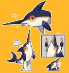  ... animal_focus arms_up artist_name bubble cropped_torso cup fish full_body highres holding holding_cup holding_pencil multiple_views no_humans original pencil signature spoken_ellipsis swordfish xianyudian_laoban yellow_background 