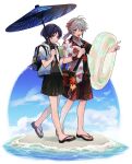  alternate_costume backpack bag bag_charm charm_(object) cloud cup day drinking_straw drinking_straw_in_mouth genshin_impact grey_hair highres holding holding_cup holding_umbrella jacket jewelry kaedehara_kazuha leaf_print necklace oil-paper_umbrella open_clothes open_jacket open_mouth oshi_taberu outdoors pointing ponytail purple_eyes red_eyes red_hair sand sandals scaramouche_(genshin_impact) shirt shorts sky slime_(genshin_impact) tassel umbrella walking wanderer_(genshin_impact) water 