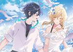  1boy 1girl alternate_costume black_hair blonde_hair blue_sky braid couple cowboy_shot dress flower genshin_impact green_eyes hair_flower hair_ornament hetero highres kem_(4702ic) lumine_(genshin_impact) outdoors shirt short_hair sky smile venti_(genshin_impact) white_dress white_shirt yellow_eyes 