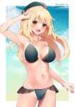  1girl armpits atago_(kancolle) bare_arms bare_legs bare_shoulders beret bikini blonde_hair blue_bikini blue_headwear blush breasts collarbone cowboy_shot green_eyes hat highres kantai_collection kozu_(bloomme1_me) large_breasts long_hair navel open_mouth smile solo swimsuit twitter_username 