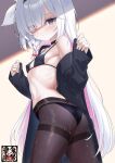 1girl a.r.o.n.a_(blue_archive) arms_up ass bikini bikini_under_clothes black_bikini black_coat black_pantyhose blue_archive blush bow braid breasts coat expressionless from_behind glowing glowing_eyes grey_eyes hair_bow hair_over_one_eye hairband highres kido_airaku long_hair looking_at_viewer looking_back micro_bikini navel off_shoulder open_clothes open_coat pantyhose pantyhose_over_swimsuit ribbon sleeves_past_wrists small_breasts solo swimsuit swimsuit_under_clothes thighband_pantyhose thighs very_long_hair wet wet_bikini wet_clothes wet_pantyhose white_hair 