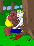  2021 anthro barefoot blonde_hair breasts brown_body brown_fur brown_hair cleavage clothed clothing discarded_clothing domestic_cat duo eyes_closed feet felid feline felis female forest fur hair kissing kthanid_(artist) male male/female mammal martin_mink mink mustelid musteline outside pink_nose plant rutwell_forest serenakty shirt topwear tree true_musteline white_body white_fur 