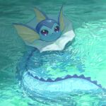  aqua_theme closed_mouth day fins head_fins highres light_smile looking_at_viewer looking_up nashimochi_4 no_humans outdoors partially_submerged pokemon pokemon_(creature) purple_eyes ripples smile solo swimming vaporeon water 