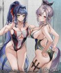  2girls :o ass bare_shoulders bathroom breasts clarice_(evertale) cleavage collarbone covered_navel evertale green_eyes highres holster large_breasts long_hair looking_at_viewer ludmilla_(evertale) multiple_girls one-piece_swimsuit ponytail purple_hair red_eyes sage_joh swimsuit thigh_holster thighs very_long_hair wet white_hair 