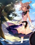  1girl asuzemu bare_shoulders blonde_hair blue_sky cloud cloudy_sky earmuffs english_commentary highres open_mouth outdoors pointy_hair purple_ribbon purple_skirt ribbon shirt short_hair sketch skirt sky sleeveless sleeveless_shirt solo standing sunlight touhou toyosatomimi_no_miko tree yellow_eyes 